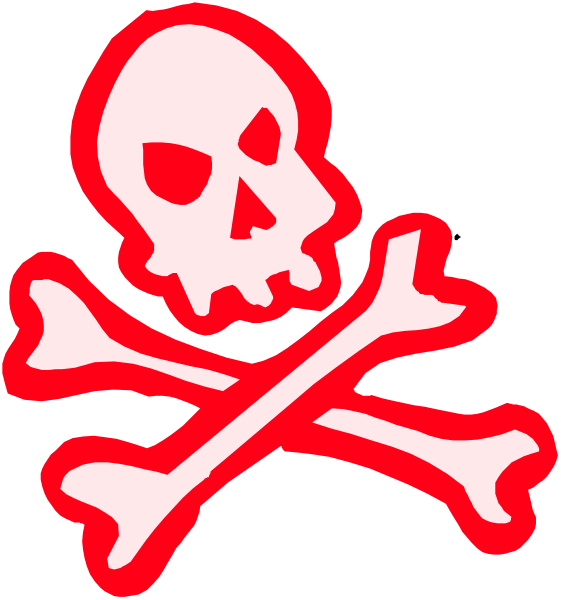 The image shows a red skull with crossed bones on it against two different backgrounds: black for the left side of the split-image and white for the right side.