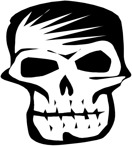 The black and white logo features a skull with spikes on top of its head against an abstract background that resembles motion lines.