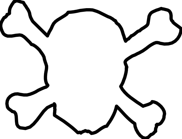 The image shows a black skull with crossed bones on it against a white background.