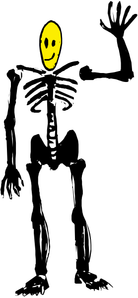 The image shows a black and white photo of an animated character with a happy face standing against a dark background inside what appears to be a tunnel-like structure.