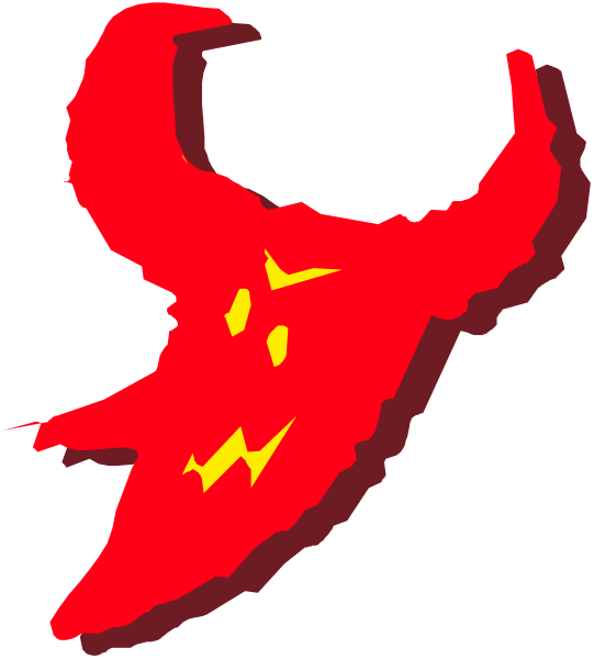 The image shows a red silhouette of an animal with horns against a black background.