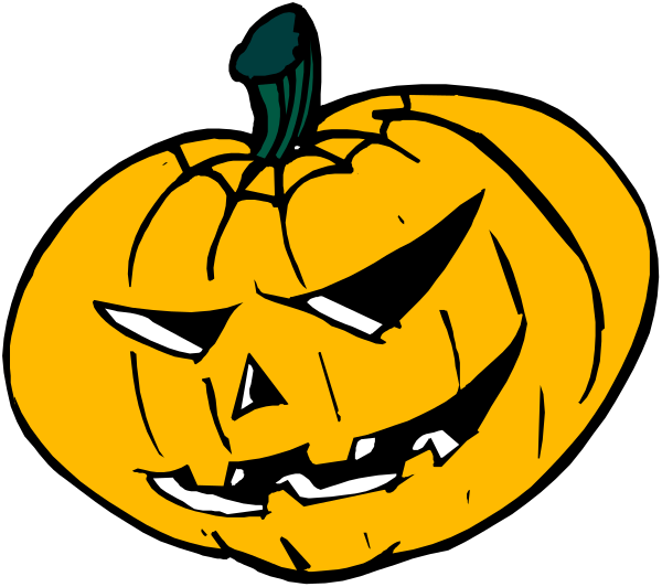 The image shows two pumpkins with faces drawn on them against a black background; there is no text present within this clip-art illustration.