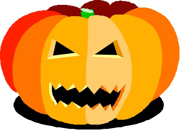 The image shows two jack o'lanterns with carved faces; a smaller pumpkin on top of a larger one is placed in front of them against an orange background that resembles autumn leaves.