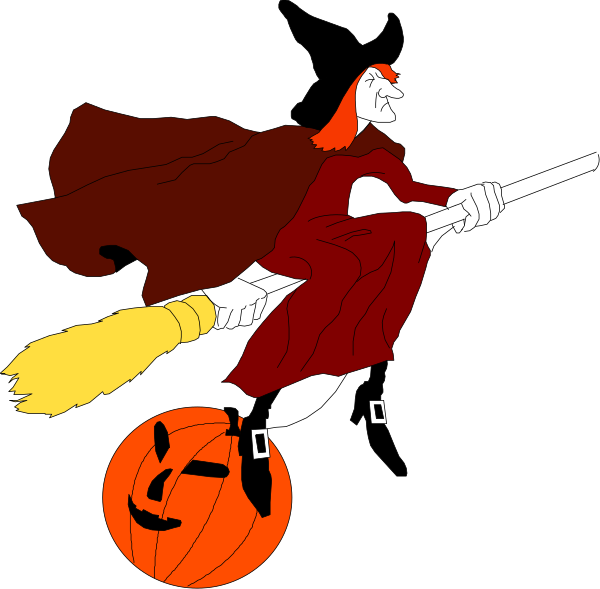 The image shows a black background with two Halloween themed scenes on either side: On the left is an animated witch flying over what appears to be a cauldron of bubbling liquid; in front of her, there's a broomstick and she has orange hair that resembles flames. To the right, we see another scene featuring a jack-o'-lantern with glowing eyes at its center, surrounded by autumn leaves on either side. The witch is also present here but appears to be casting or launching something from her hand towards the pumpkin and surrounding area