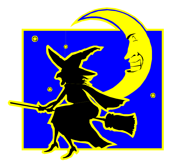 The image features a cartoon witch on broomstick flying under a crescent moon at night with stars above her head against a dark blue sky background.