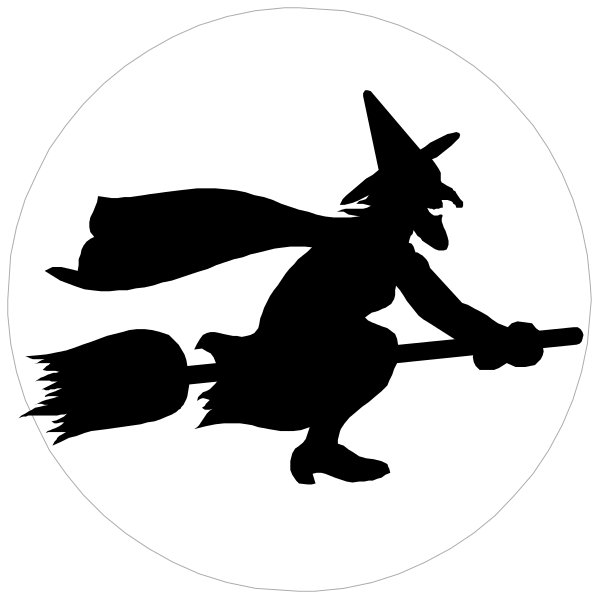 The image shows a black silhouette of an animated witch riding on a broomstick inside three circular frames against different backgrounds: one with stars in white, another plain black, and the third featuring what appears to be snowflakes also in white.