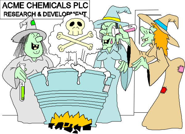 The cartoon shows a group of animated characters dressed as witches with broomsticks standing around an overturned cauldron filled with bubbling liquid that has transformed into various monsters like skeletons and zombies, suggesting some sort of magical or scientific experiment gone wrong in the context of Halloween.