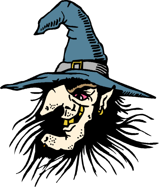 The image features a cartoon witch with an exaggeratedly large nose wearing glasses on his face against a black background.