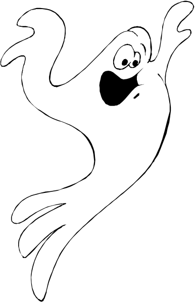 The image shows a black and white silhouette of an animated ghost character with its arms outstretched as if flying through space against a dark background.