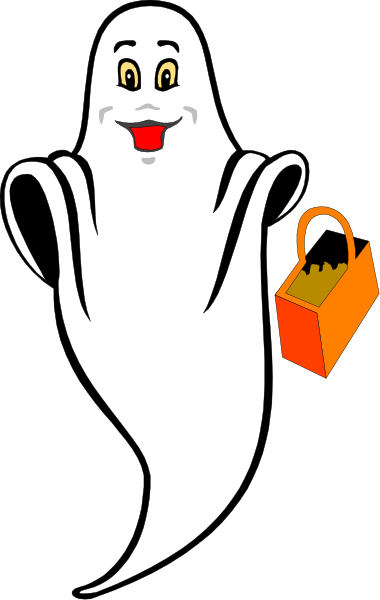 The image features a cartoon ghost holding an orange gift bag with its right hand while standing against a black background; it has white eyes and is smiling broadly at something off-frame to the left of the frame, which appears as if there's another character or object present in that direction but not visible.