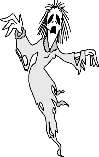 The black and white photo shows a ghostly figure with outstretched arms standing against a dark background on what appears to be an animated gif format.