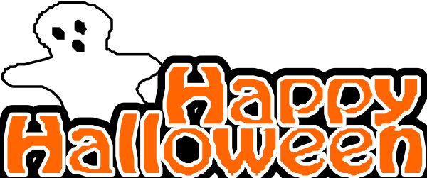 The image features a Halloween greeting with text that reads "Happy Halloween" along with two ghosts on either side of the wording in orange color against an off-white background.