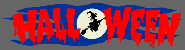 The image shows a Halloween banner with text that reads "HALLOWEEN" at both ends of it, featuring spooky graphics such as ghosts, witches' hats, cobwebs, and pumpkins in between.
