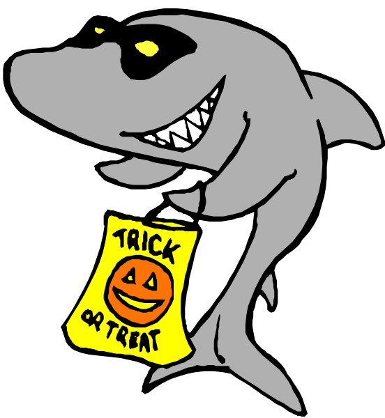 The image features a cartoon shark holding an orange treat bag with "trick" written on it over its mouth while standing in front of a black background.