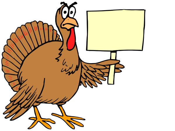 The image shows two cartoon turkeys holding signs with a protest theme; there is no human activity depicted here.