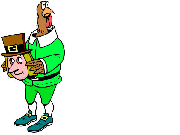 The cartoon shows two characters dressed as St Patrick's Day leprechauns standing next to each other with a dark background; one is holding an object that resembles a pot of gold while looking upwards, and both have exaggerated facial expressions typical for animated representations.