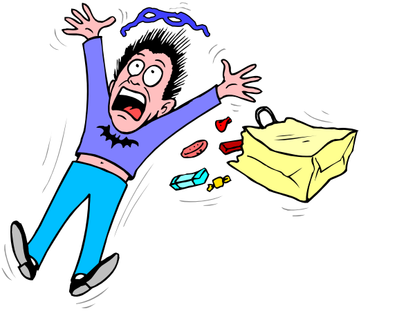 The cartoon shows a person falling into boxes with their arms outstretched for balance while another figure appears to be throwing something at them from above.