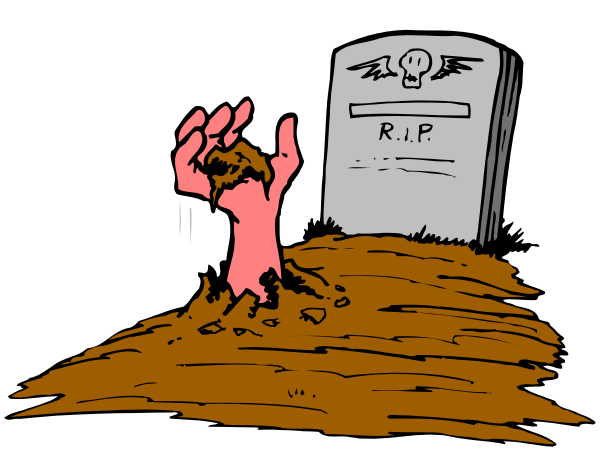 The cartoon depicts a person standing next to an open grave with their arms outstretched towards it at nighttime in what appears to be a cemetery.