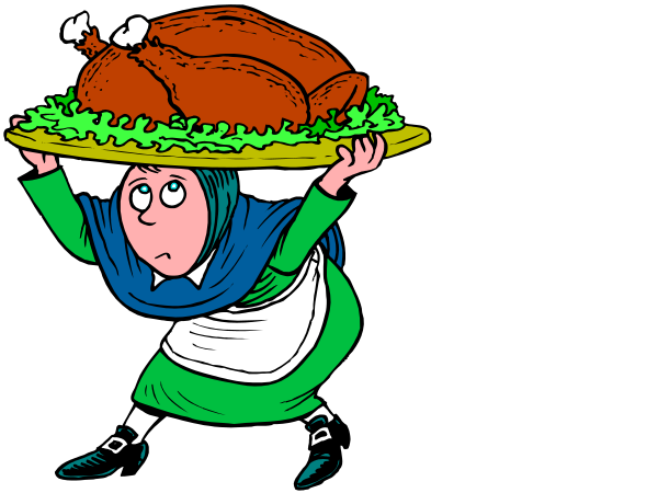 The cartoon shows two animated characters carrying a large turkey on their heads with green vegetables underneath it; both have blue dresses and white collars.