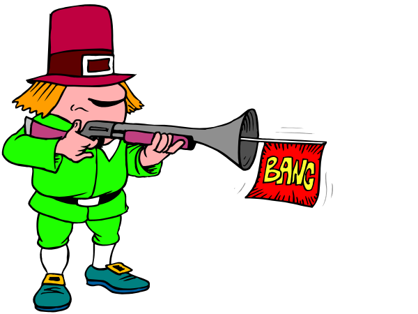 The cartoon shows a leprechaun aiming an arrow at another figure who is holding up their hands to block it with text that reads "BANG!"