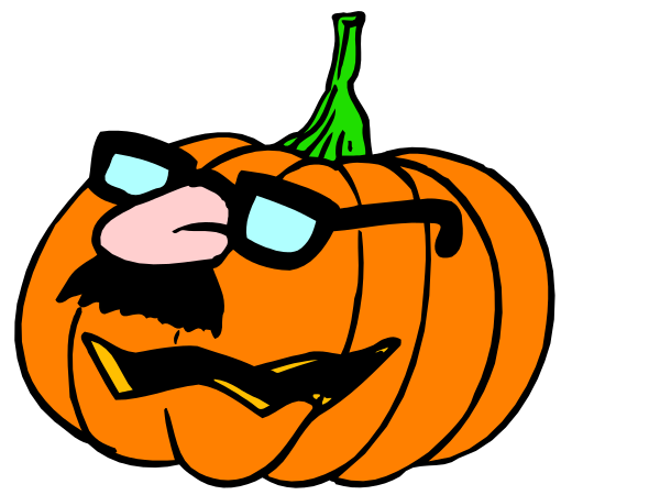 The image shows two cartoon pumpkins with faces; on the left side of the frame is a jack-o'-lantern wearing glasses labeled "CANDY," while to its right stands another one, this time without any text and also featuring an eye patch over his missing eye.