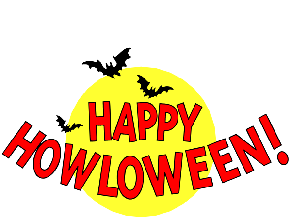 The image shows a Halloween greeting with text that reads "Happy Hallowen!" on top of an illustration featuring bats flying around a full moon against a dark sky background.