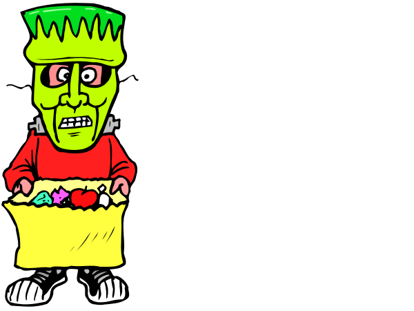 The image shows two cartoon characters resembling zombies holding baskets of candy with a black background between them.
