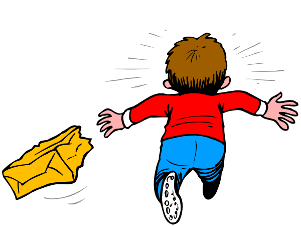 The cartoon shows a boy with his arms outstretched as if flying over an open book that is lying on its back in mid-air against a dark background.