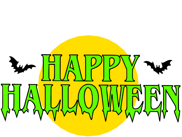 The image features a Halloween greeting with text that reads "Happy Halloween" on top of an orange background decorated to look like pumpkins and bats.