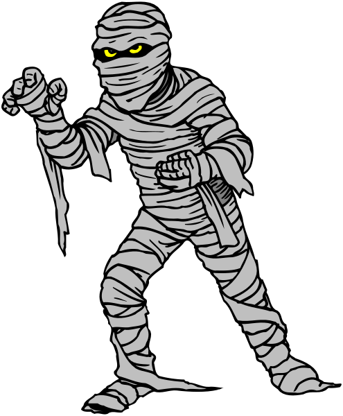 The black and white illustration shows a mummy character with bandages wrapped around its body holding two knives crossed over each other in front of it while standing upright against a dark background.