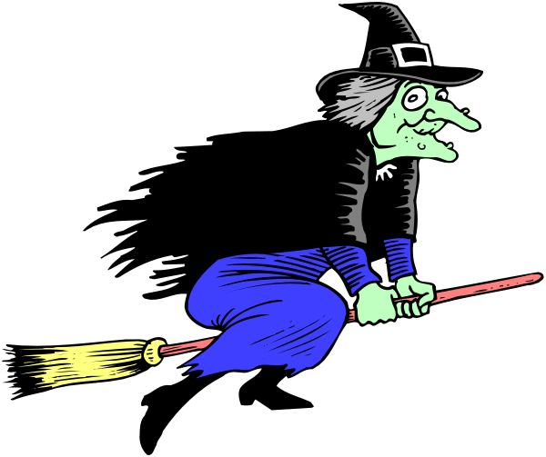 The image shows a cartoon witch riding on top of an animated broomstick with her cape flowing behind them against a black background.