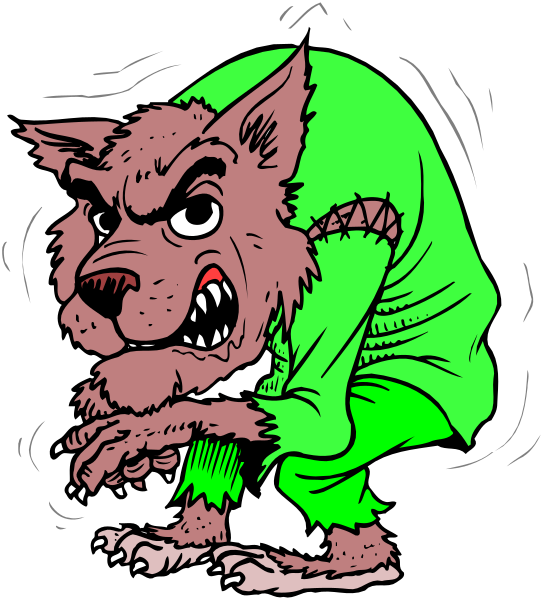 The illustration shows a cartoon wolf character with an aggressive expression sitting on its hind legs inside what appears to be a green jacket sleeve.