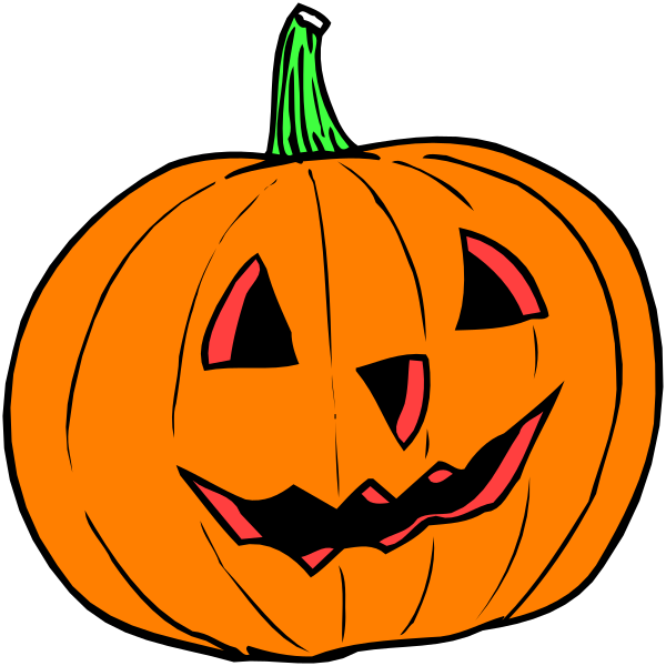 The image shows two Halloween pumpkins with faces drawn on them against a black background; there is no text present within this clip-art illustration.