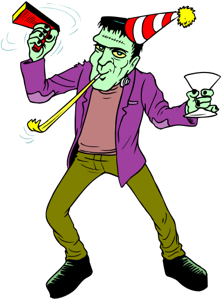 The illustration depicts a man blowing party horns while wearing a purple jacket with his arms outstretched as if dancing; he is holding two cups in each hand that appear to be filled with drinks.
