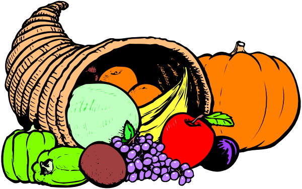 The image depicts a Thanksgiving scene with various fruits like apples, bananas, grapes, pumpkins in shades of orange, green, red, purple; vegetables such as carrots and broccoli; an arrangement resembling cornucopia filled with these items.