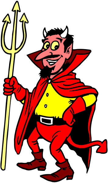 The illustration depicts a cartoon character dressed as an evil devil with horns holding up his pitchfork while standing on one leg in front of another figure that appears to be a demonic creature wearing red and yellow, possibly representing fire or flames.