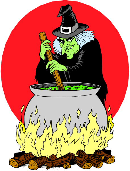 The illustration depicts a witch stirring a cauldron filled with green liquid over an open fire using a wooden spoon while standing in front of it on what appears to be Halloween night under a red sky, surrounded by burning logs and branches.