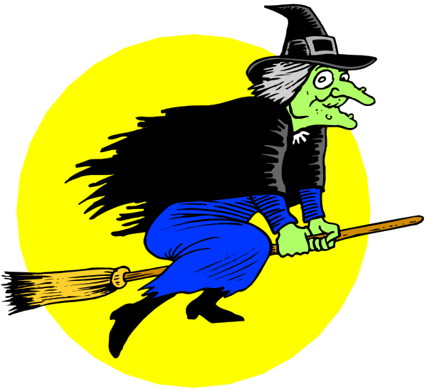 The illustration features a witch riding on her broomstick under an orange moon with black silhouettes of trees around it; she is casting a shadow to the right while flying over Halloween-themed backgrounds, including gravestones and bats in flight.