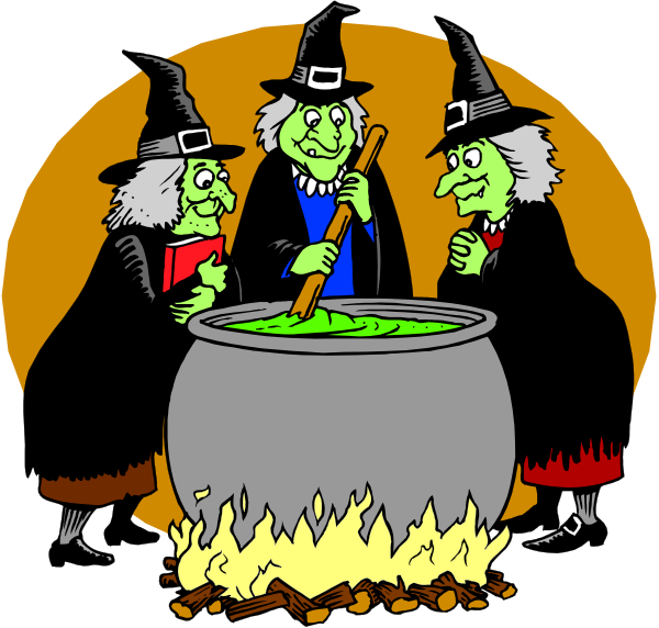 The illustration depicts three witches standing around a large cauldron filled with green liquid that is being stirred by one of them using a wooden spoon. They appear to be engaged in some sort of magical activity, possibly brewing potions or preparing for an event like Halloween.