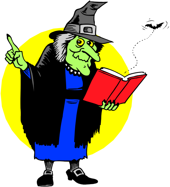 The illustration depicts a cartoon witch holding an open book with her right hand while gesturing towards it with her left hand raised in mid-air as if casting a spell. She is wearing glasses on top of her pointed hat and has long, flowing hair that drapes over the sides of her head.
