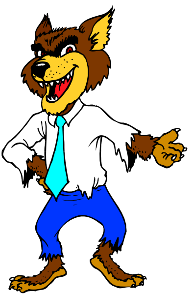 The image shows a cartoon wolf character dressed as an office worker with torn clothes standing on two legs against a black background.