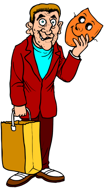 The cartoon shows a man holding up an orange mask with his left hand while standing next to shopping bags on what appears to be a sidewalk.