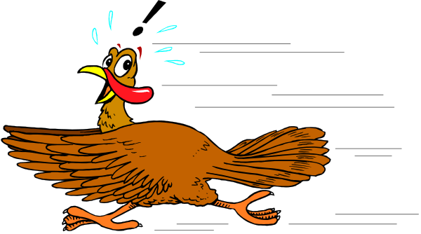 The image shows two cartoon turkeys running with a surprised expression on their faces against an unseen background.