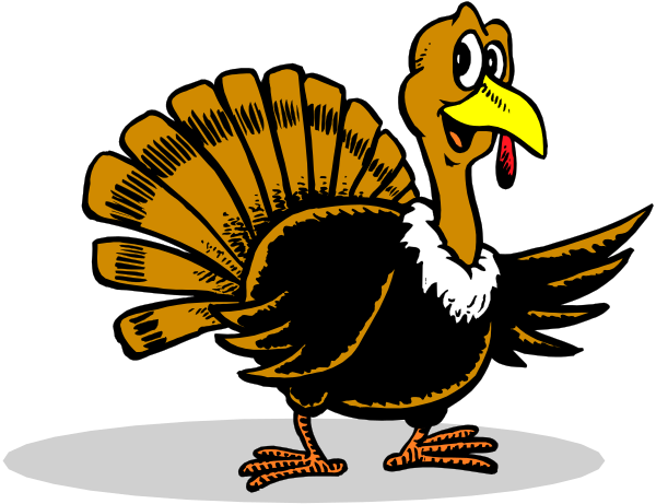 The image shows a cartoon turkey with its wings spread out standing on what appears to be snow next to another smaller bird that is also depicted in black-and-white illustration.