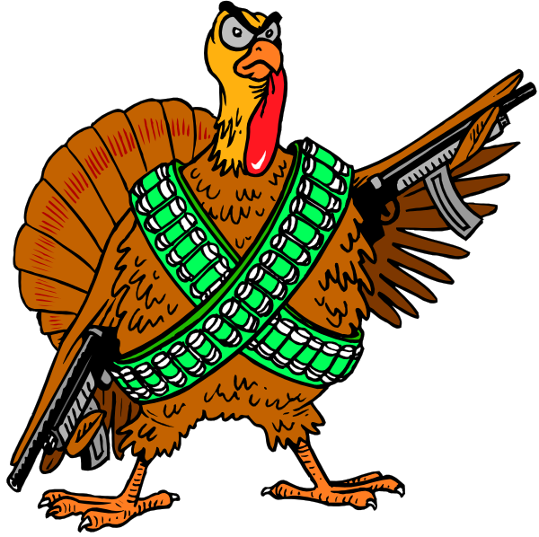 The cartoon depicts a turkey dressed as an armed soldier with crossed guns on its back standing next to another turkey that is pointing at it while holding two pistols in each hand.