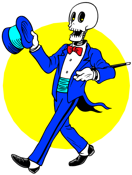 The illustration features a cartoon character resembling Jack Skellington from "The Nightmare Before Christmas," dressed in his signature suit with red bow tie, top hat, cane, and holding playing cards while standing on one leg against an orange background that suggests it's nighttime or Halloween.