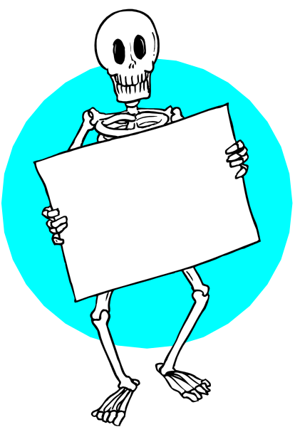 The image features a skeleton holding up an empty sign with its right hand while standing on what appears to be grass under a blue sky background.