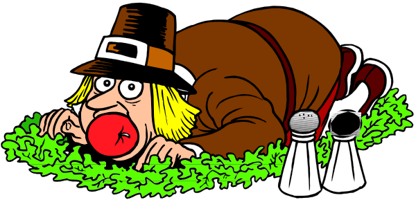 The cartoon depicts a character dressed as Thanksgiving lying on top of green plants with an exaggeratedly large turkey in its mouth; there's also another smaller bird nearby that appears to be pecking at something, and two small figures resembling pilgrims are standing behind the main figure.