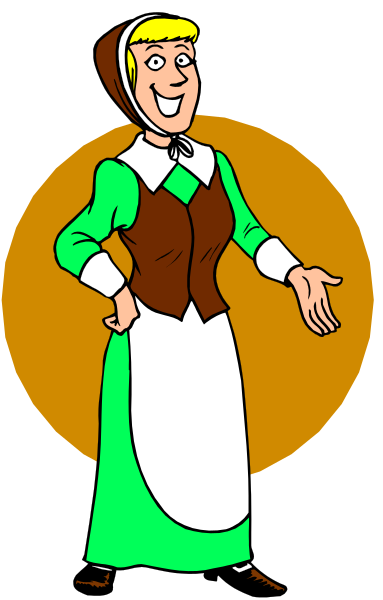 The illustration shows a cartoon of an animated woman dressed as a maid with green apron standing on top of what appears to be a brown table; she is smiling at someone off-frame while gesturing towards them, and there's no text present in this image.
