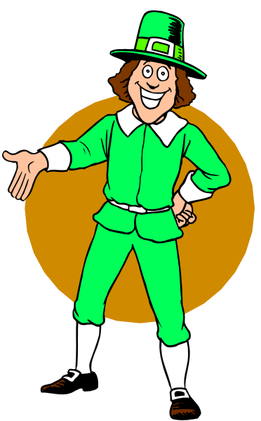 The cartoon depicts a leprechaun standing with his hand on hip against an orange background; he is wearing green attire typical of St Patrick's Day celebrations.